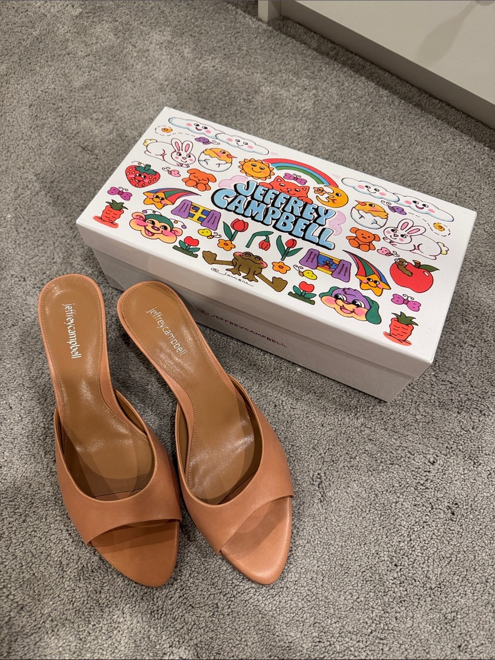 Jeffrey Campbell Spy-Lid Tan Leather Open-Toe Slide Mules